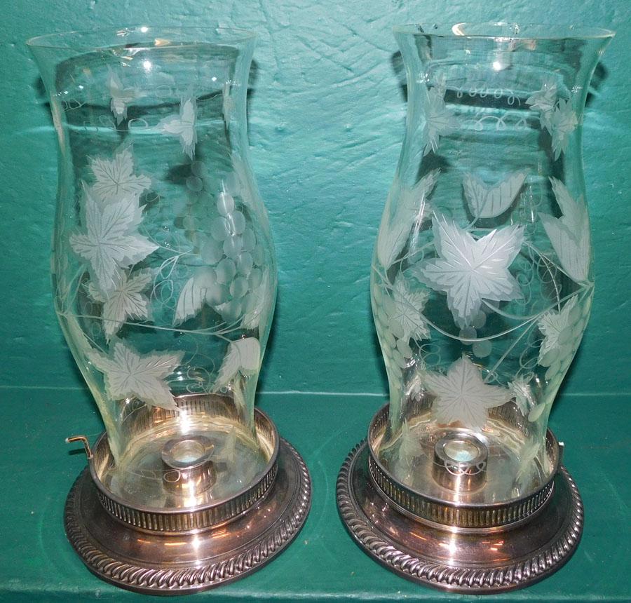 Pr Sheffield Candlesticks W/ Etched Hurricane Shades (1 of 5)