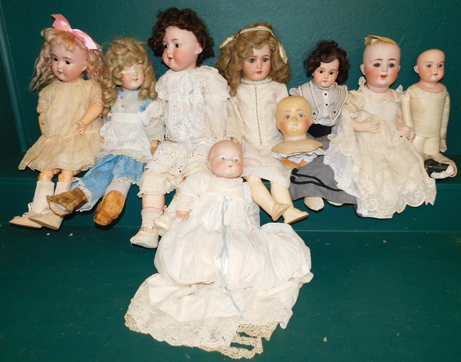 Collection 8 Bisque Head Dolls & 1 Wax Head Only (1 of 1)