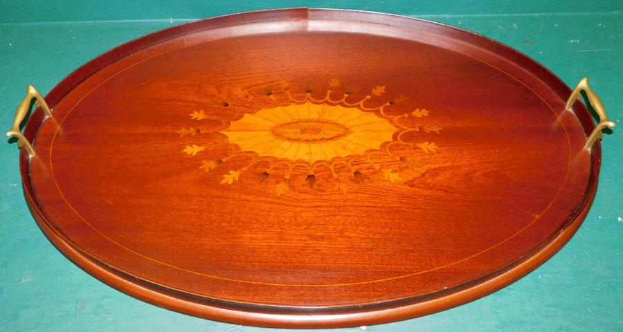 Inlaid mahogany gallery tray: Inlaid mahogany gallery tray. 27" X 18"