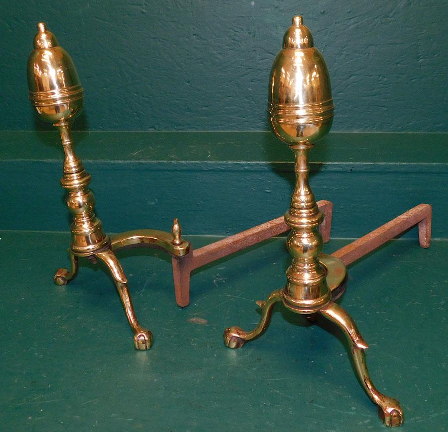 Pair 19th C Brass Acorn Andirons (1 of 1)