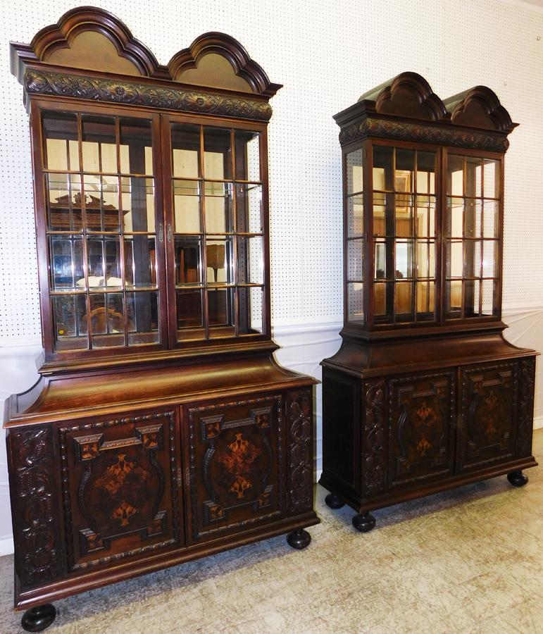 Pair Walnut Double Bonnet Top China Cabinets (1 of 8)