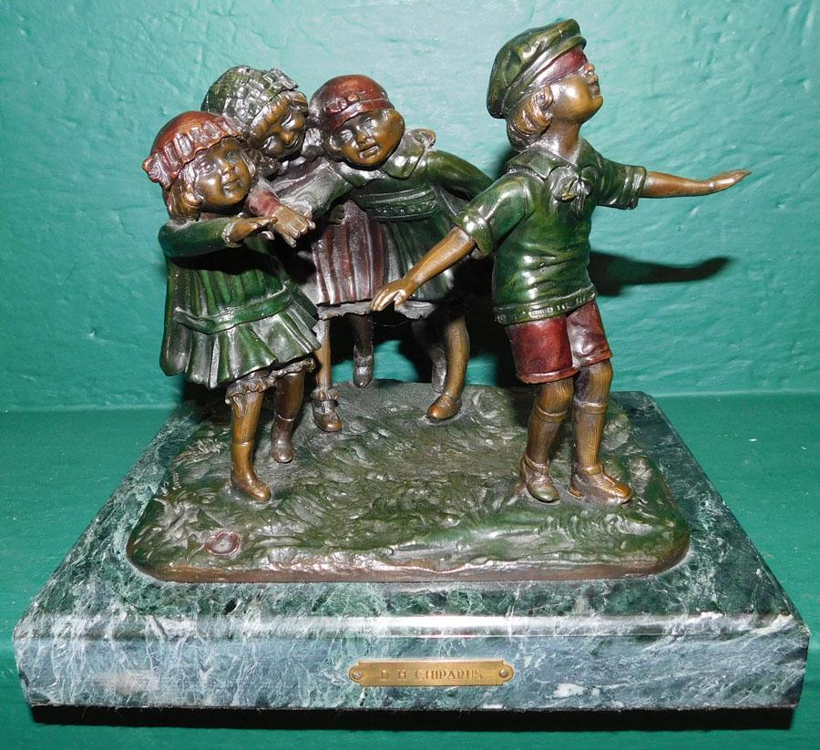 Bronze Of Hide & Seek On Marble Base: Bronze Of Hide & Seek On Marble Base Signed Chiparus. 9 3/4" W 7 3/4" D 8" H