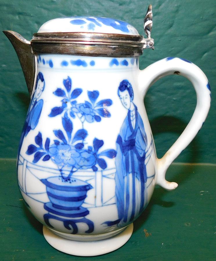 17th C Bb & Wh Chinese Pitcher W/ Dutch Silver Rim (1 of 3)