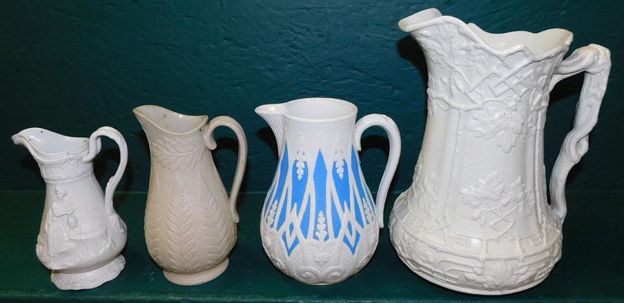 Four Parian Pitchers: Four Parian Pitchers. Up to 10" H