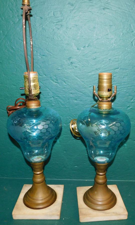 Pr Etched Blue Ant Lamps W/ Marble Bases (1 of 4)