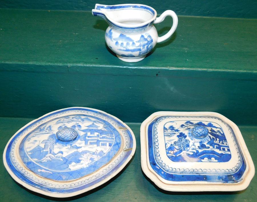 Three Early Blue & White Canton  Items (1 of 5)