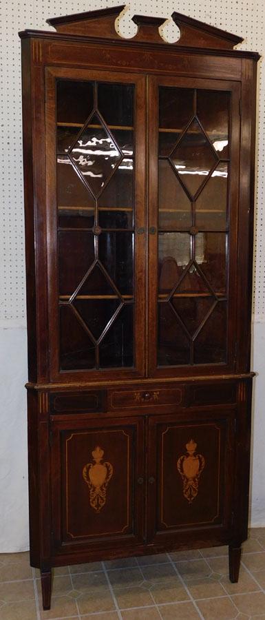 19th C Mahog Inlaid Glass Front Corner Cupboard (1 of 7)