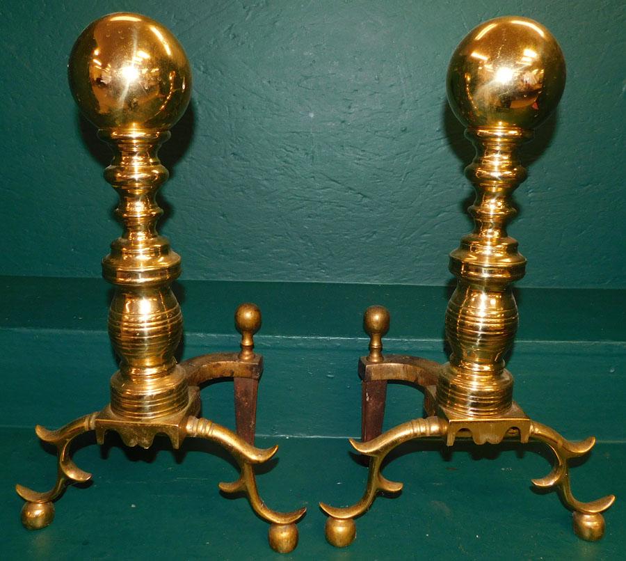 Pr Brass Cannonball Andirons By VA Metal Crafters (1 of 3)