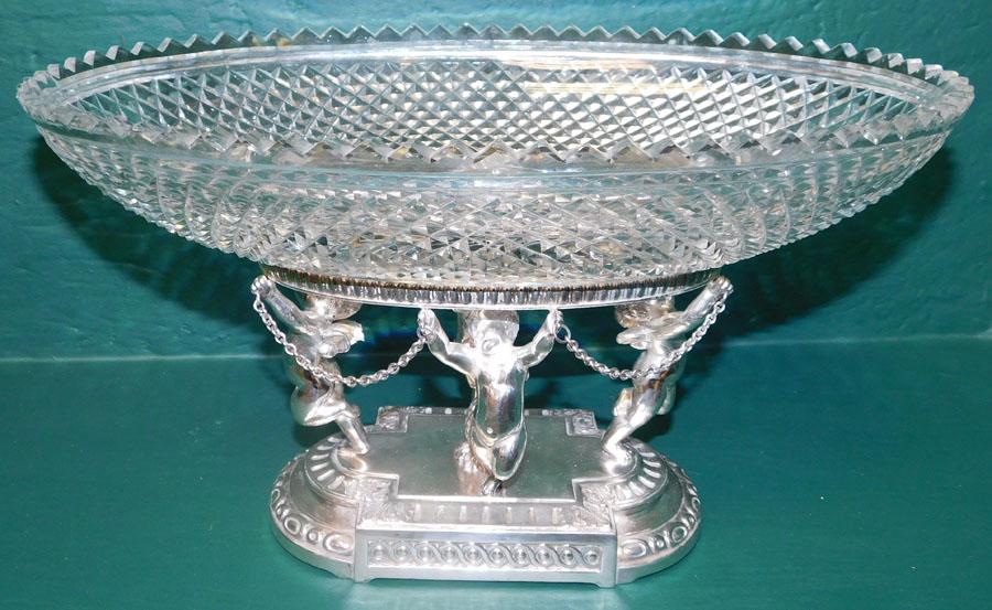 SP & Cut Glass Centerpiece W/ Cherubs: Silverplated & Cut Glass Centerpiece W/ Cherubs By E.G. Webster, NY. 13 1/2" W 8" D 7 1/2" H