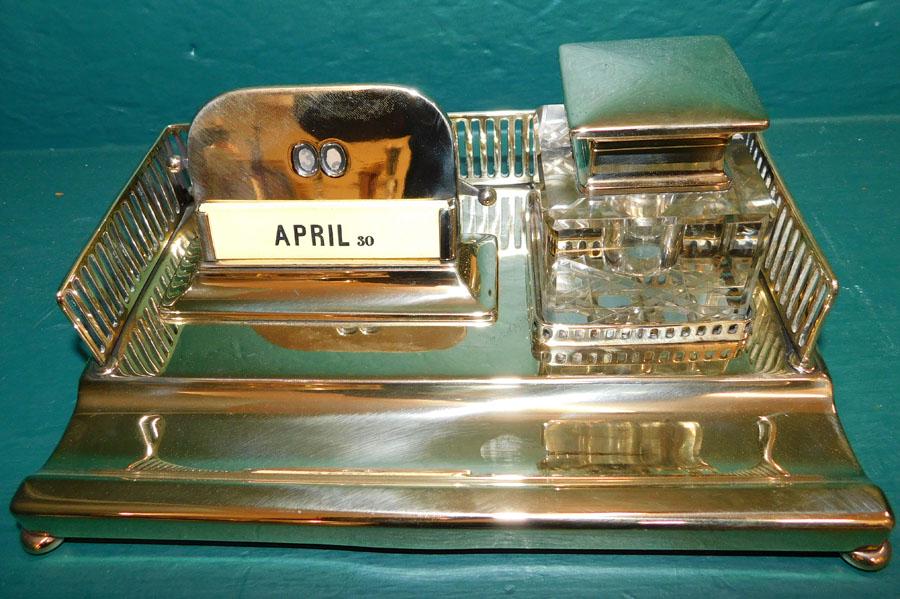 Ant Brass Ink Stand W/ Orig Glass Ink Bottle (1 of 5)