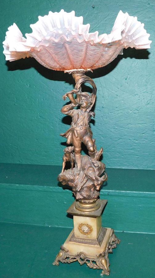 Metal Figural Epergne W/ Pink Crest Glass Bowl: Metal Figural Epergne W/ Pink Crest Glass Bowl. 15 1/2" Dia 25 3/4" H
