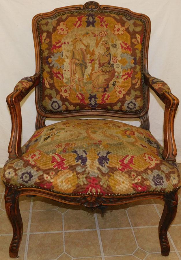 19th C Carved Walnut Needlepoint Arm Chair (1 of 4)