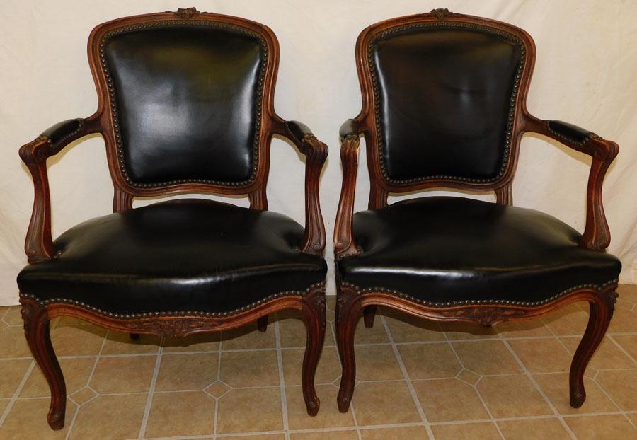 Pair Carved Walnut Leather Uph French Chairs (1 of 3)
