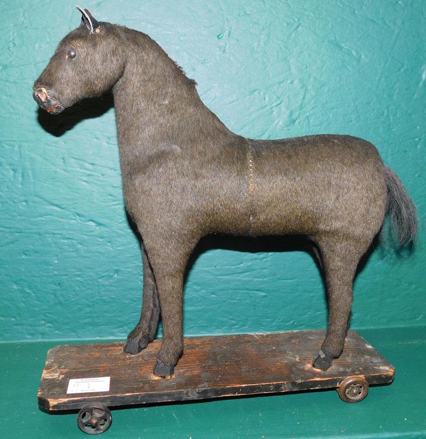 Antique Hyde Covered Horse Pull Toy: Antique Hyde Covered Horse Pull Toy 13 1/2" W 5" D 14 1/4" H