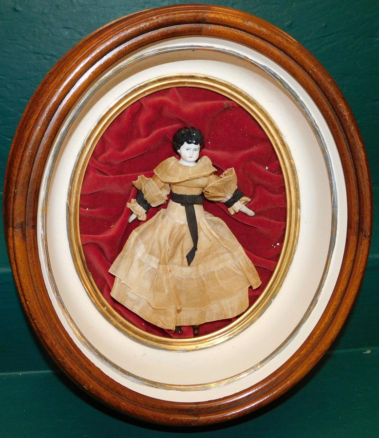 Ant China Head Doll In Walnut Shadow Box Frame: Antique China Head Doll In Walnut Shadow Box Frame 14 1/2" X 17"