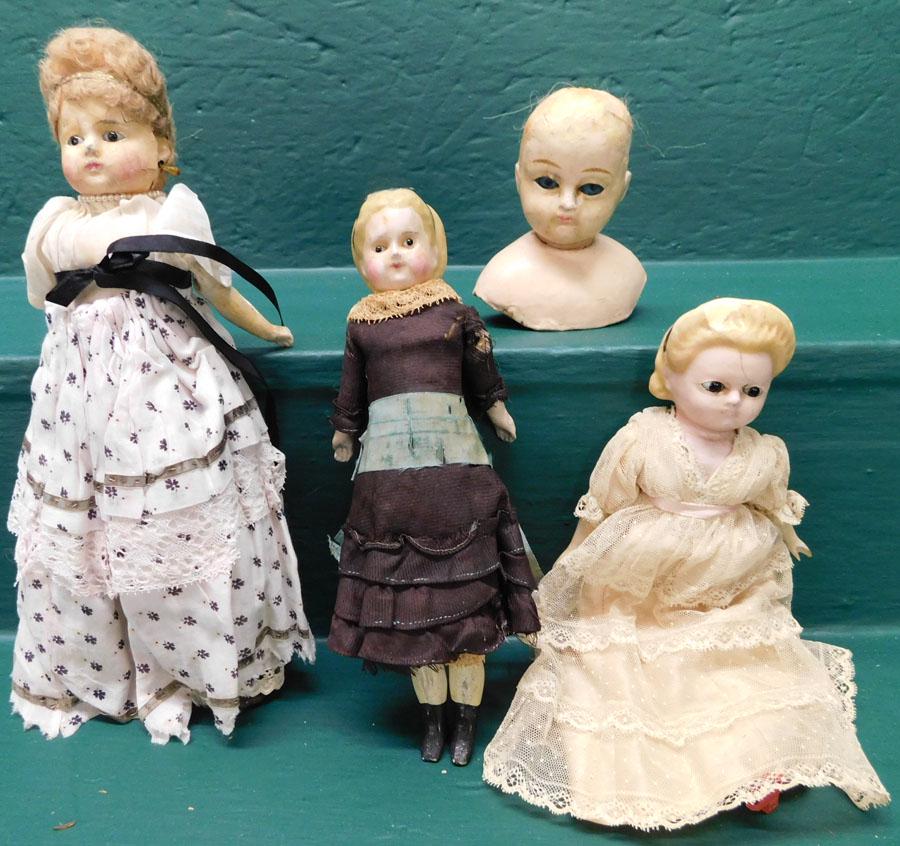 Lot Antique Wax Head Dolls & 1 Wax Doll Head: Lot Antique Wax Head Dolls & 1 Wax Doll Head 4" H - 11 1/4" H