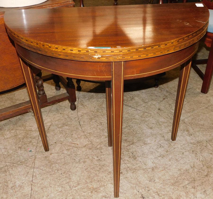 Mahogany Inlay Demilune Fold Over Game Table: Mahogany Inlay Demilune Fold Over Game Table By Brandt 32" W 16" D 30 1/2"