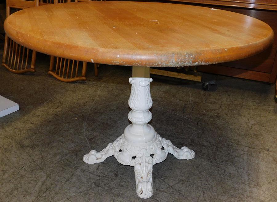 Butcher Block Table With Iron Base: Butcher Block Table With Iron Base 42 1/2" Dia 30" H