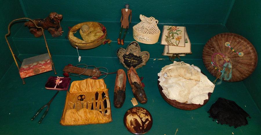 Box Lot -- Antique Toys Pin Cushion Sewing Basket: Box Lot -- Antique Toys Pin Cushion Sewing Basket