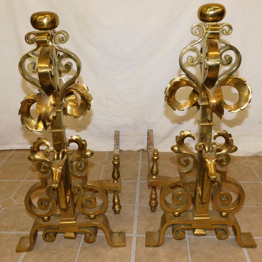 Pair Heavy Brass Andirons W/ Antelope Motif (1 of 3)