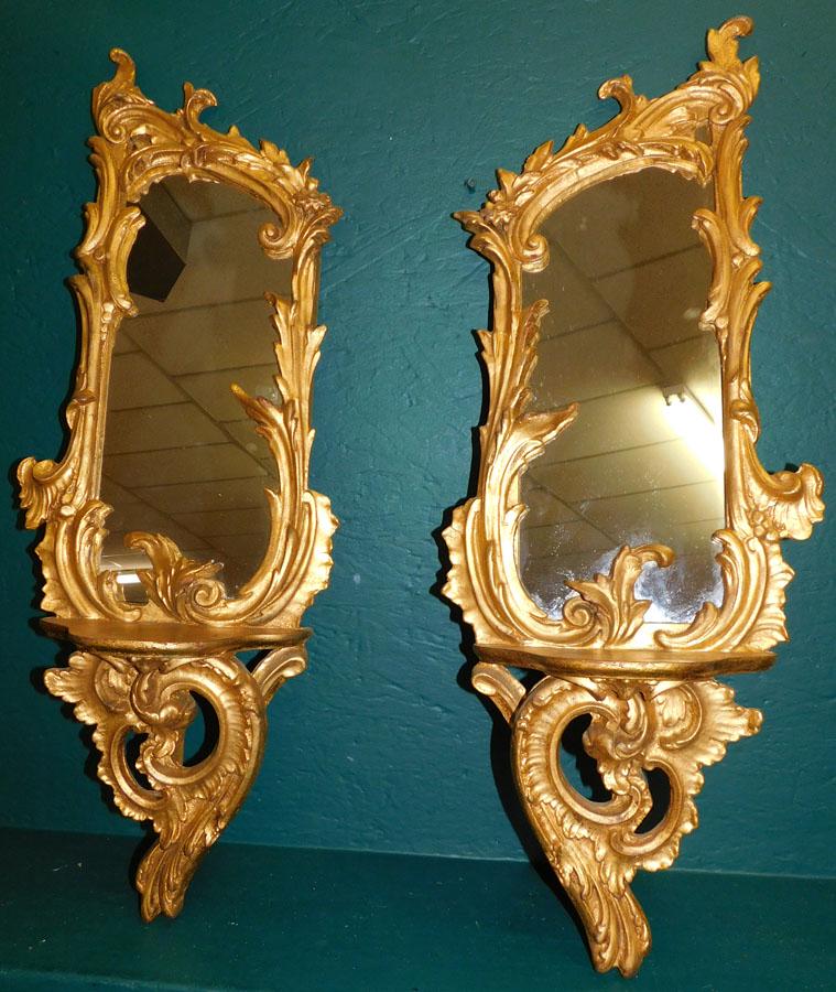 Pair Gilt Mirrored Back Shelves: Pair Gilt Mirrored Back Shelves. 31" H