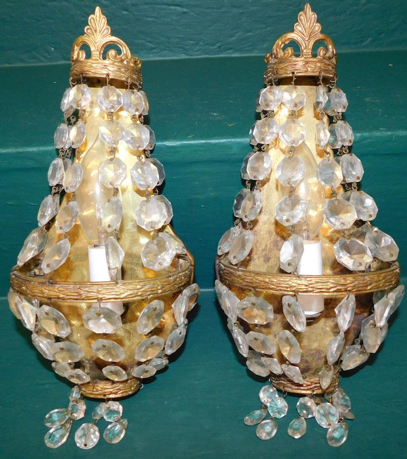 Pair Crystal & Bronze Wall Sconces: Pair Crystal & Bronze Wall Sconces. 12" H