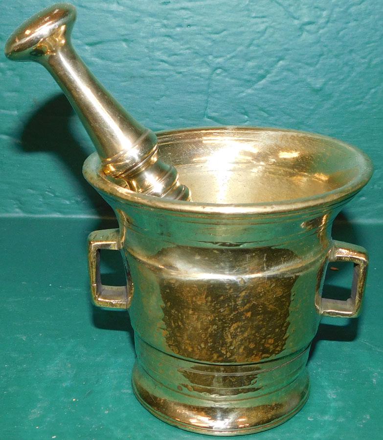 19th C Cast Brass Mortar & Pestle: 19th C Cast Brass Mortar & Pestle. 6 1/4" Long (Pestle)
