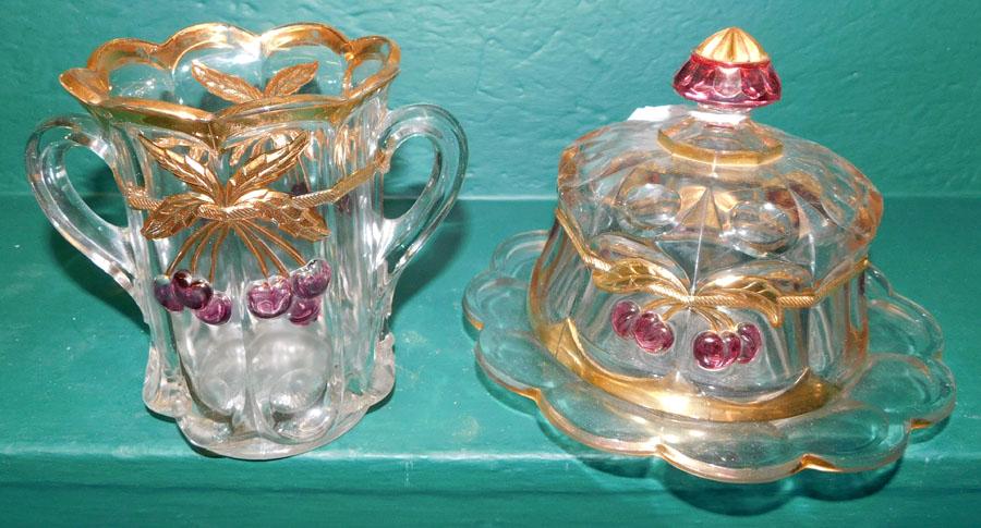Mosser Glass Cherry Jubilee Cheese Dish & Spooner: Mosser Glass Cherry Jubilee Cheese Dish & Spooner. 5 3/4" H (Spooner)