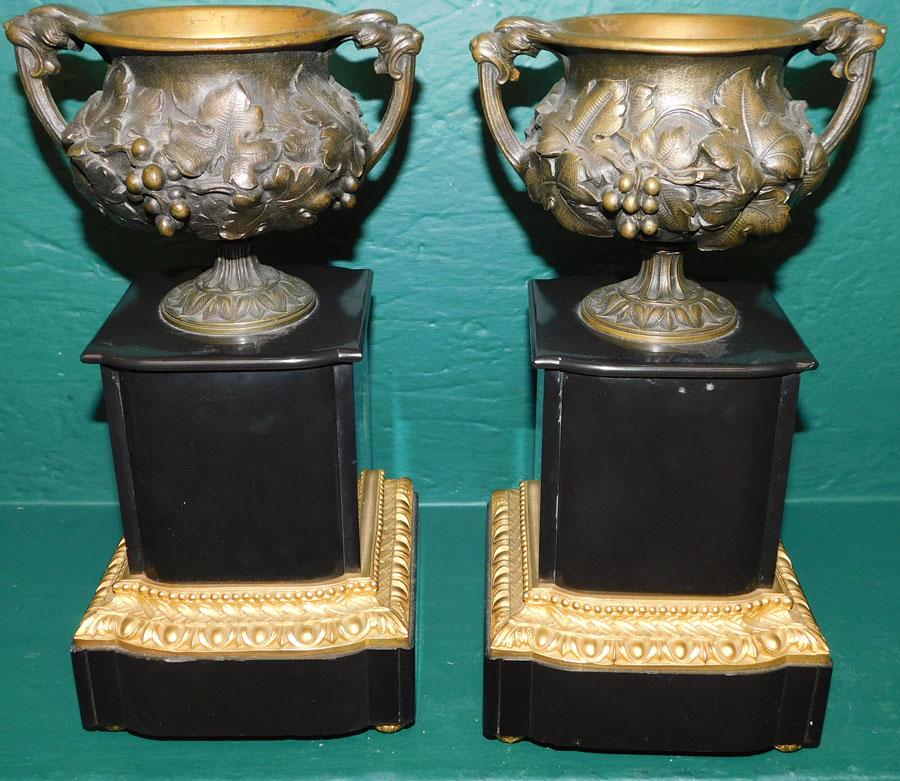 Pr 19th C  Bronze Urns On Slate Pedestals (1 of 3)
