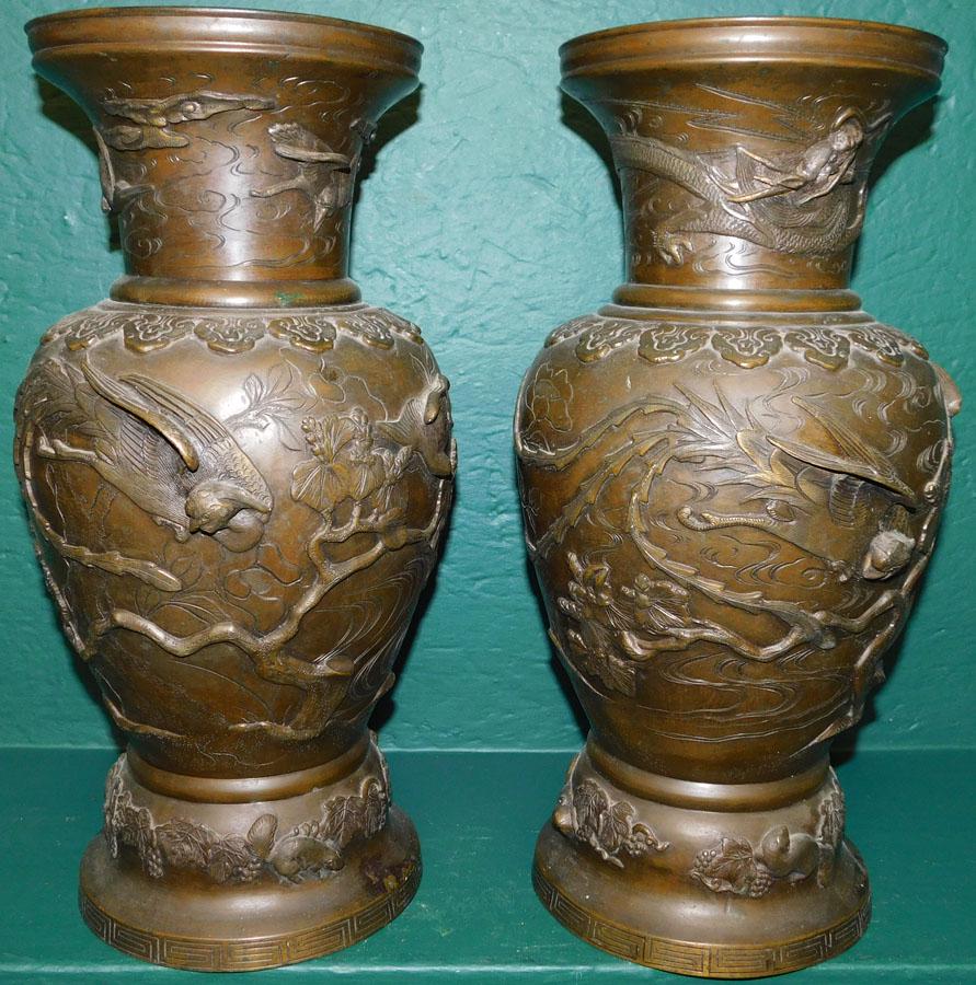 Pair 19th C Japanese Bronze Vases Signed (1 of 5)