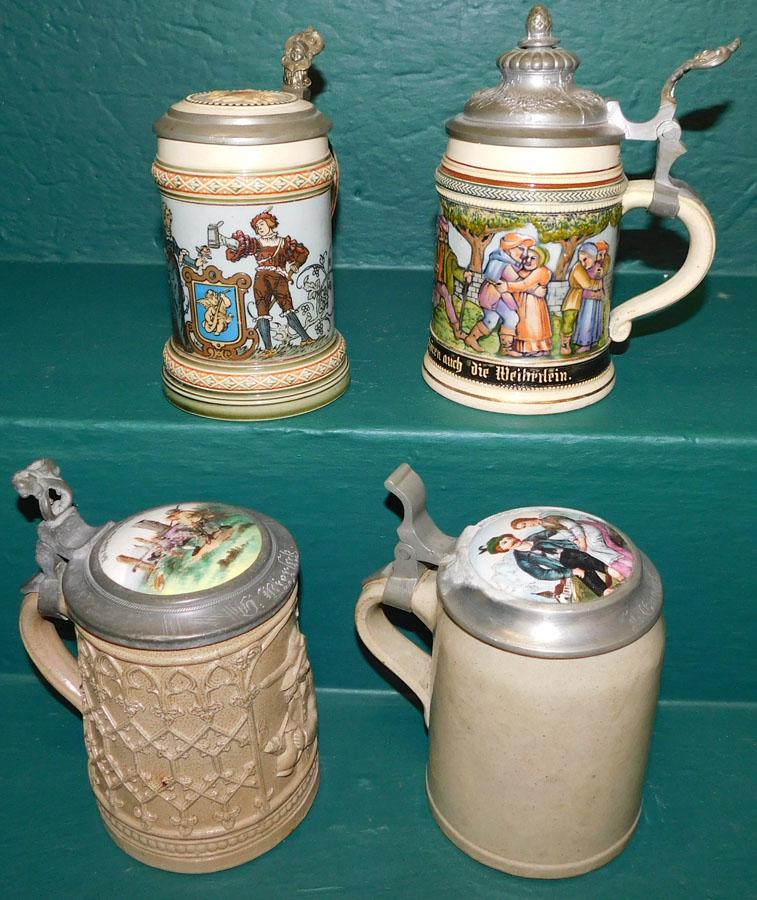 Four German Steins With Pewter & Porcelain Lids (1 of 6)