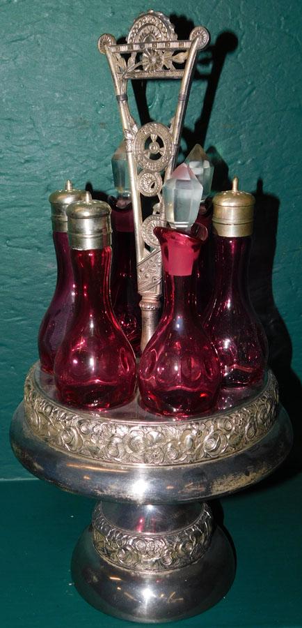 6 Bottle Cranberry Cruet Set In SP Stand (1 of 2)