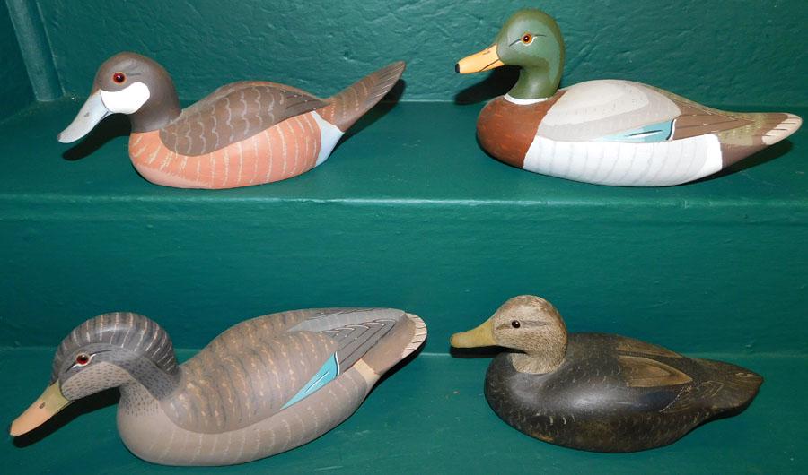 Collection 4 Painted Carved Wood Duck Decoys (1 of 6)