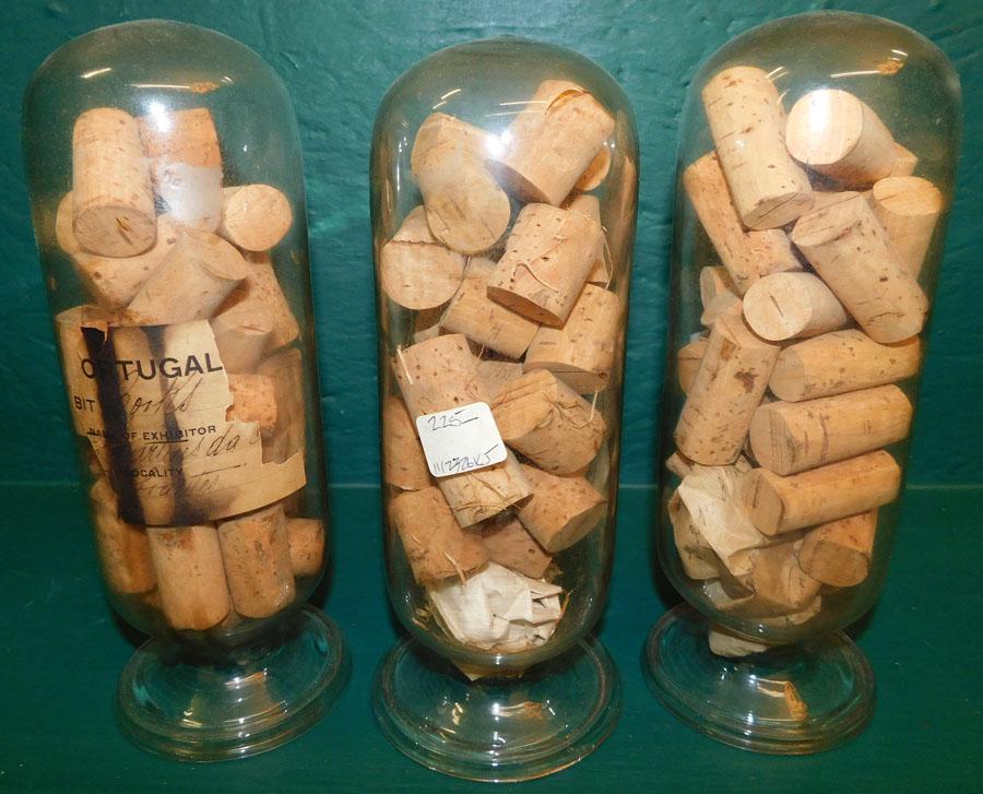 Three Antique Apothecary Jars W/ Wine Corks: Three Antique Apothecary Jars W/ Wine Corks. 9 1/4" H