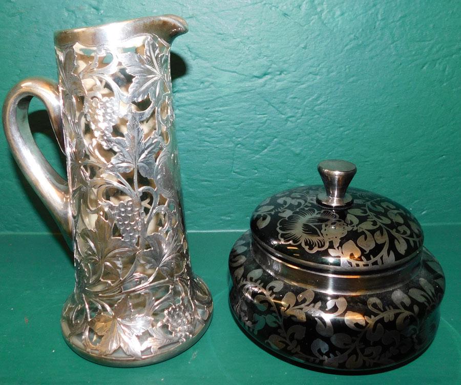 Sterling Overlay Pitcher & paint decorated Covered Jar (1 of 5)