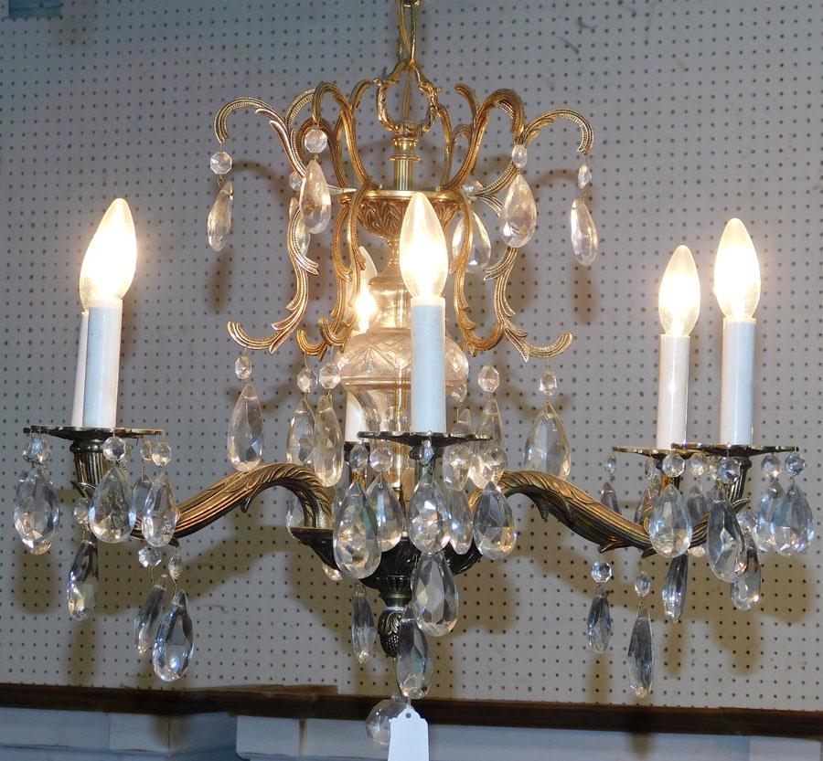 6 Light Brass & Crystal Chandelier (1 of 2)