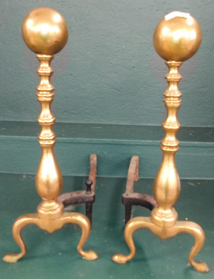 Pair Brass Cannonball Andirons: Pair Brass Cannonball Andirons. 21 " H