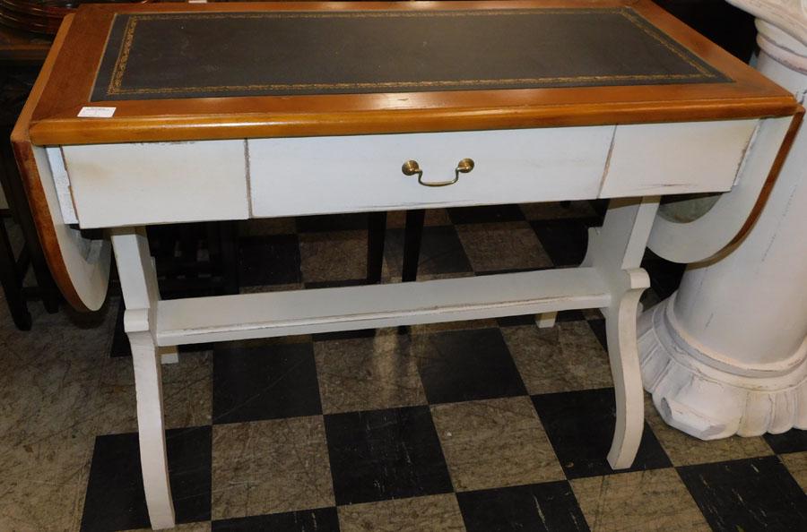 Contemp DL Console Table w/ Mah & Leather Top: Contemporary Drop Leaf Console Table With Mahogany & Leather Top. 41 1/2" W 18 1/4" D 31 1/4" H