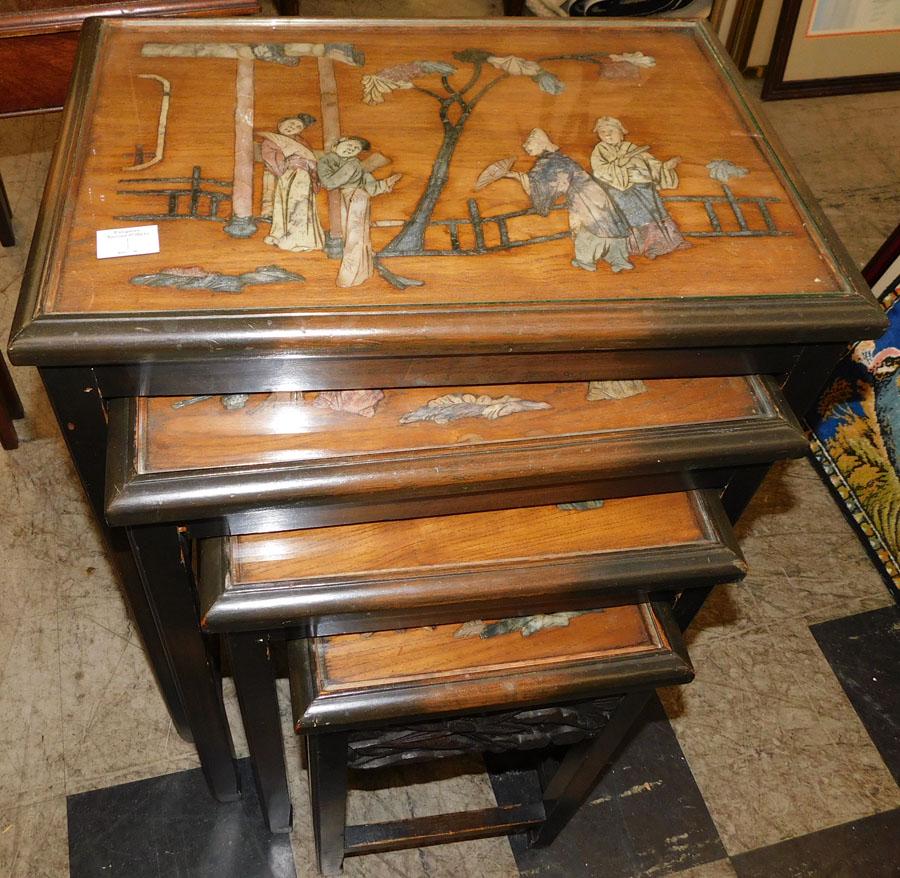 4 Stacking Oriental Tables: 4 Stacking Oriental Tables. 21" W 14 3/4" D 26 1/4" H