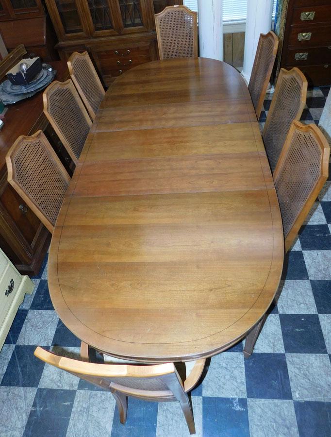 Thomasville 9 Pc Cherry Fr Provincial Table & chairs: Thomasville 9 Pc Cherry French Provincial Cane Back Dining Chairs & Table . 100 3/4" W 44" D 30" H (Table) 44 1/2" H (Chairs)