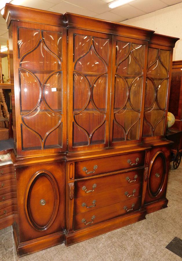 Mahogany Break Front W/ Tooled Leather Butlers Dr: Mahogany Break Front W/ Tooled Leather Butlers Drawer. 72" W 16" D 80 1/2" H