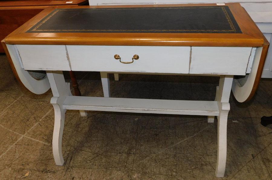Painted leather top dropleaf console table: Painted leather top dropleaf console table. 41 1/2 W 18" D 31" H