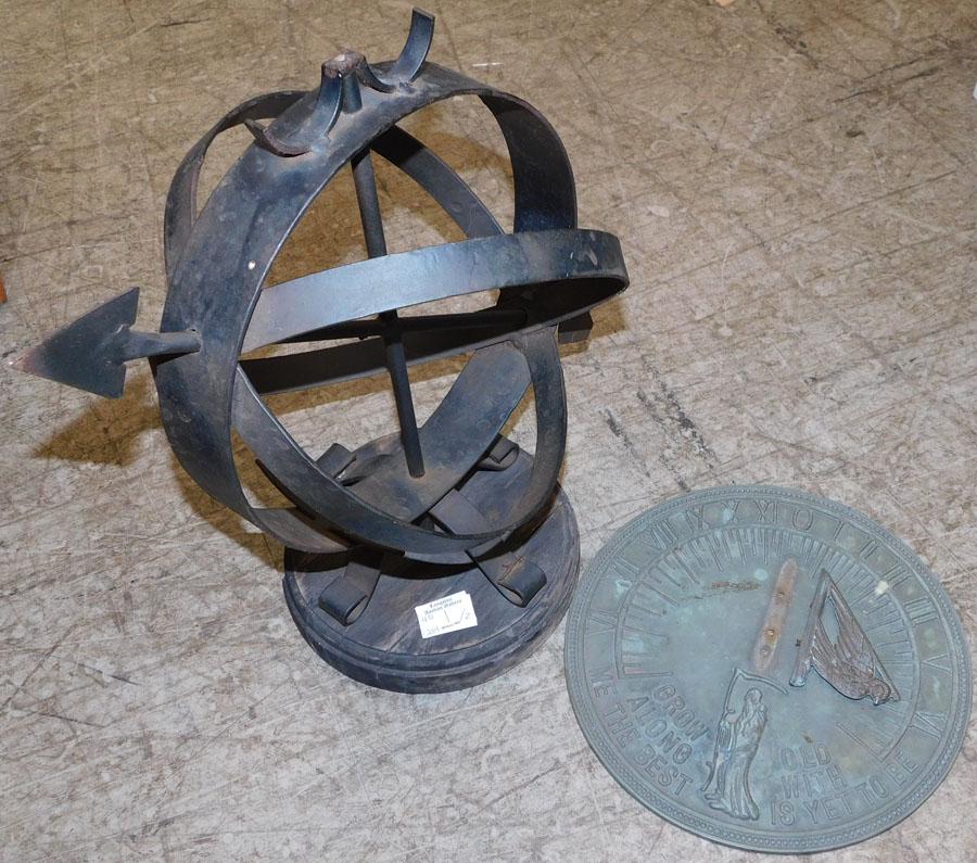 Bronze sundial and wrought iron sundial: Bronze sundial and wrought iron sundial. 17" H tallest