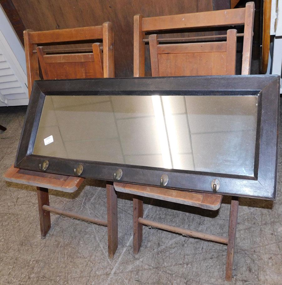 Mirror Hat rack and Two Oak folding chairs: Mirror Hat rack and Two Oak folding chairs. Mirror 36 1/2" W 14 1/2" H