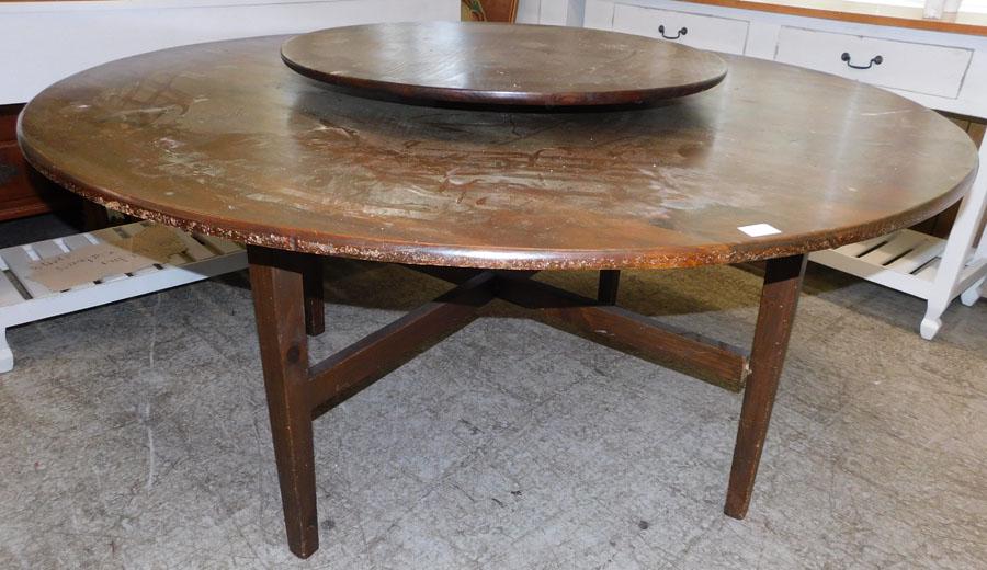 Pine Round Dining Table with Lazy Susan Top: Pine Round Dining Table with Lazy Susan Top. 64" Diameter 29 1/4" H