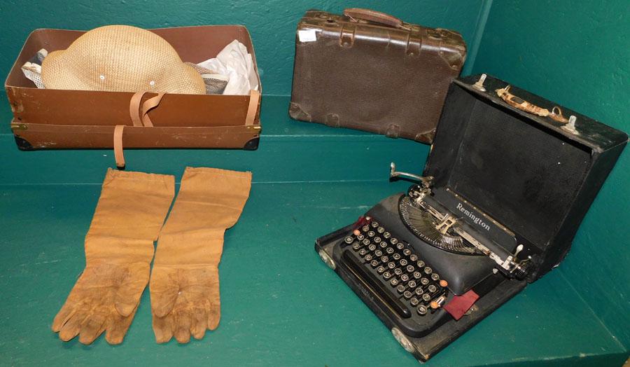 Two Vintage Pcs. Luggage, Typewriter, and Hat: Two Vintage Pcs. Luggage, Typewriter, and Hat.