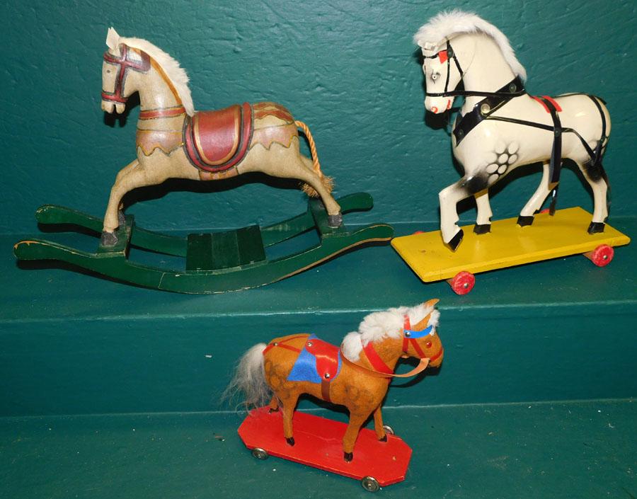 Three Vintage Horse Toys: Three Vintage Horse Toys. 12" tallest