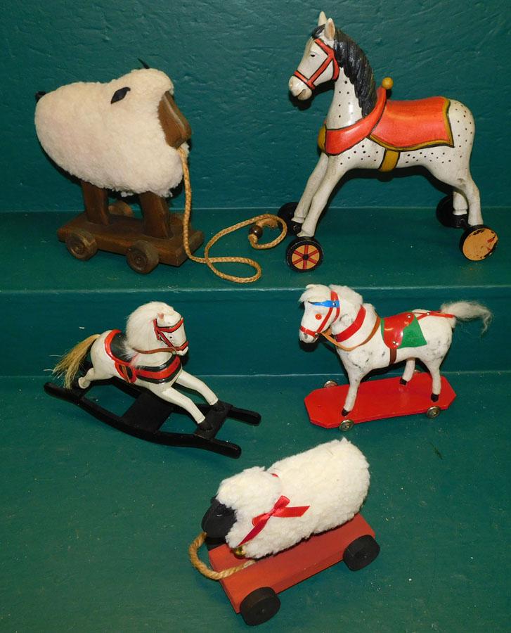 Three Horses and Two Sheep Pull Toys: Three Horses and Two Sheep Pull Toys. 12" tallest