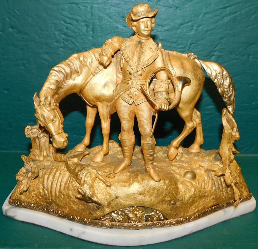 Gilt Bronze Sculpture On Marble Base: Gilt Bronze Sculpture On Marble Base. 12 1/4" W 5" D 9" H