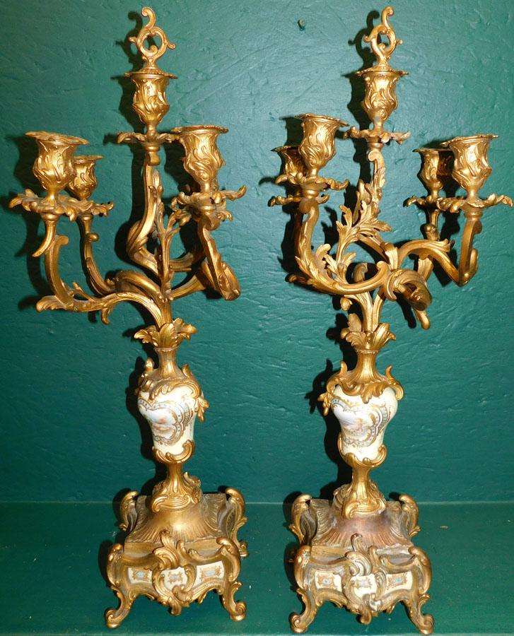 Pair Gilt Metal & Hand Painted Porcelain Candelabras: Pair Gilt Metal & Hand Painted Porcelain Candelabras. 24 3/4" H